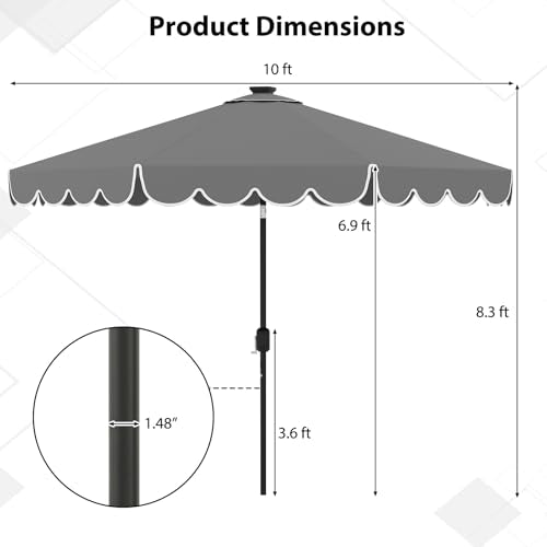 Tangkula 10FT Solar LED Patio Umbrella, 2-Tiers Scalloped Outdoor Table Market Umbrella with 24 LED Lights, Vented Top, Tilt Adjustment, Crank, 8 Ribs for Backyard Poolside Deck Beach Lawn (Gray) - color: Gray, size: 10Ft