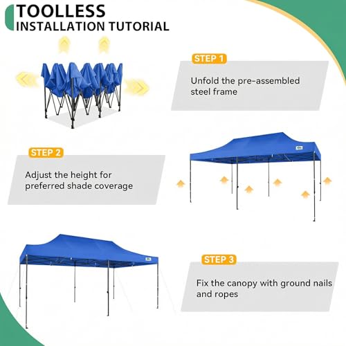 COBIZI 10x20 Heavy Duty Pop Up Canopy Tent with 6 Sidewalls Thicken Frame, Commercial Easy Up Outdoor Wedding Party Tents, All Season Waterproof Windproof with Stakes Sandbags Ropes Roller Bag, Blue - color: Blue, size: 10x20