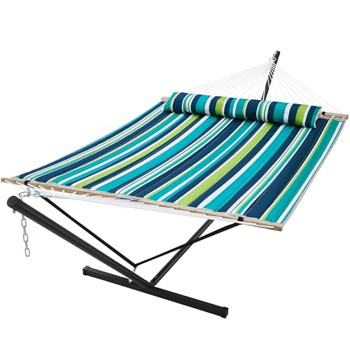 SUPERJARE Hammock with Stand, 2 Person Quilted Outdoor Hammock, Detachable Pillow & Bamboo Spreaders, Portable Hammock with Carrying Bag, Heavy Duty Stand, Perfect for Outside, Patio, Dark Cyan - color: Dark Cyan, size: 62.9"W × 78.7''D × 43.3''H