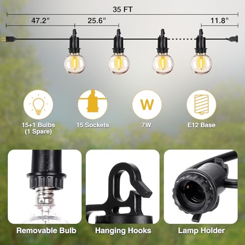 ZJOJO 35FT Outdoor String Lights, G40 Globe Outdoor Lights with 15 Shatterproof LED Bulbs 2700K, IP65 Waterproof Patio Light - size: 30FT-15