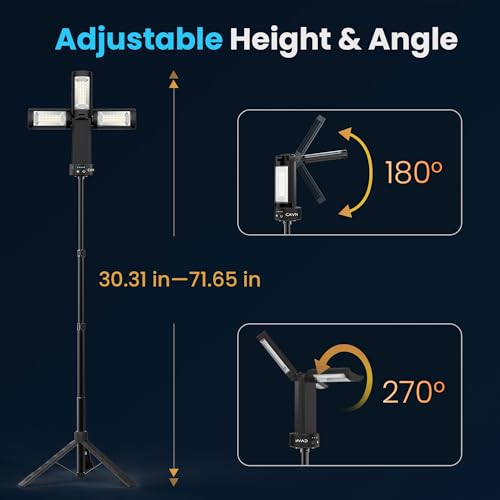 CAVN Rechargeable Camping Lights with Remote & Detachable Tripod Max Height 6.0 ft, Portable Work Light with 3 LED Lamp Heads, Camping Essentials Gear Emergency Flashlight with Hook, Black - color: Black