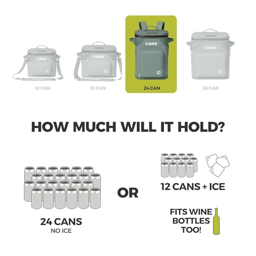 CORE Magnetic Leak Proof Soft Cooler with Waterproof Zipper | Insulated Bag Portable Ice Chest Box | Best Soft Cooler for Food & Beverages for Tailgating, Car Camping, Travel, and Family Beach Picnics - color: Sage, size: 24 Can