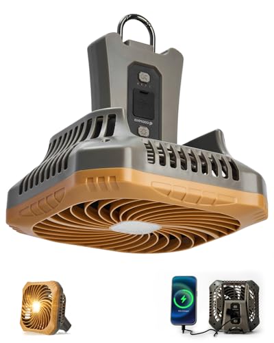 Odoland Portable Camping Fan with LED Lantern, 40H Rechargeable Battery Operated Quiet Tent Fan with Hanging Hook for RV Car Beach Outdoor Hurricane Emergency Outages - color: Brown