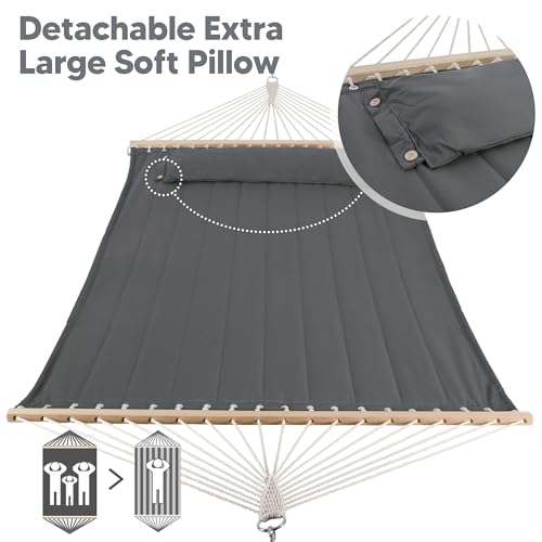 SUNCREAT Portable Tree Hammock with Hardwood Spreader Bar, Extra Large Soft Pillow, Heavy Duty 2 Person Hammock for Indoor, Outdoor, Gray - color: Grey