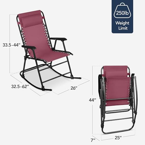 Best Choice Products Outdoor Zero Gravity Rocking Chair, Folding Reclining Patio Lounge Chair with Adjustable Pillow for Lawn, Beach, Camping - Burgundy - color: Burgundy