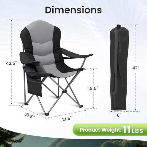 2 Pack Folding Camping Chairs for Adults - High Back Padded Outdoor Lawn Chairs with Lumbar Support & Cup Holder, 400lbs Heavy Duty Portable Camping Chairs Set (Black & Gray, 2 Pack) - color: Black & Gray, size: 2 pack