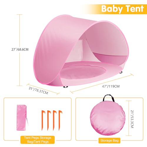 Baby Beach Tent with Pool, Pop Up Sun Shelter UPF 50+ UV Protection for Infant Toddlers, Portable Shade Tent with Carry Bag for Beach Outdoor Travel - color: Pink