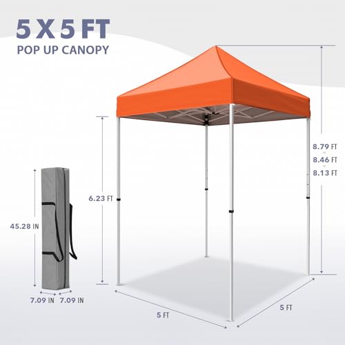 5x5 Pop Up Canopy Tent, Instant Portable Beach Canopy, Outdoor Tent with Carry Bag for Camping, Sports, Tailgating, Events, Orange - color: Orange, size: W/O Wall