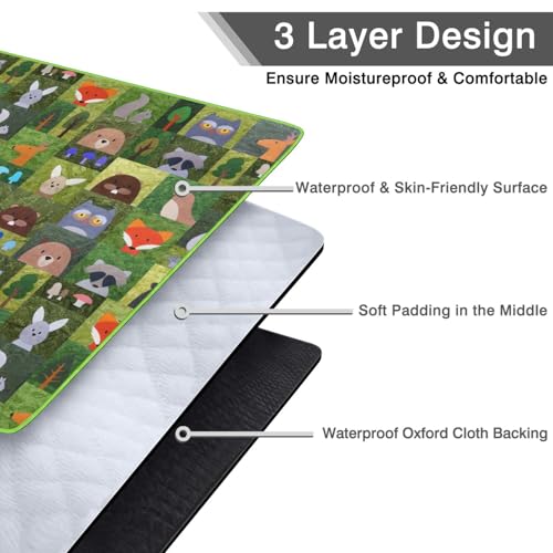 Supfitness Extra Large Picnic Blankets Waterproof Foldable (80 "x 80") Beach Blanket Waterproof Sandproof,3-Layer Thicking Mat Outdoor Packable Camping Blanket - color: Green-animal, size: 6'8" x 6'8" (Square)