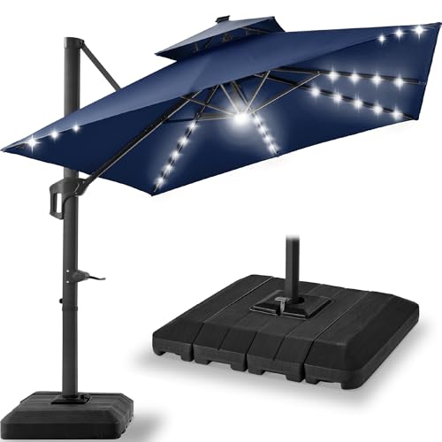 Best Choice Products 9x12ft LED Cantilever Patio Umbrella w/Base Included & 360° Rotation, Large Solar Offset Hanging Outdoor Sun Shade for Deck, Backyard Table w/Stand & Lights – Navy Blue - color: Navy Blue, size: 9x12ft