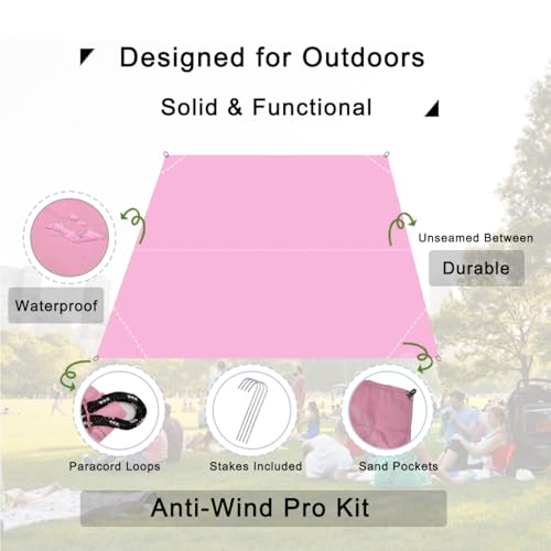 Outdoor Pocket Blanket, 55"x39" Waterproof Foldable Compact Small Pincic Blanket, Ultralight Tarp for Camping, Festival, Beach, Hiking, Backpacking, Travel and More, Stakes Included - color: Pink, size: 55"*39"