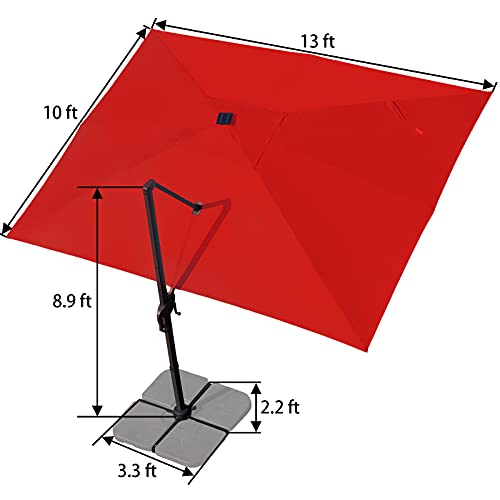 Sunnyglade 10x13ft Solar Powered LED Cantilever Patio Umbrella Square Deluxe Offset Umbrella 360°Rotation & Integrated Tilting System & LED lights for Market Garden Deck Pool Backyard Patio - color: Red, size: 10X13FT