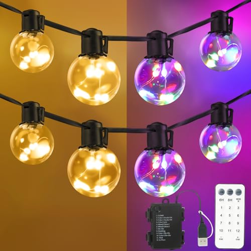 Outdoor String Lights Battery Powered, 22ft 20 G40 Warm White & Multicolor LED Bulbs Hanging Patio Lights Dimmable with Timer & Remote, IP65 Waterproof for Indoor Backyard Balcony Decor - color: White & Multi, size: 22ft