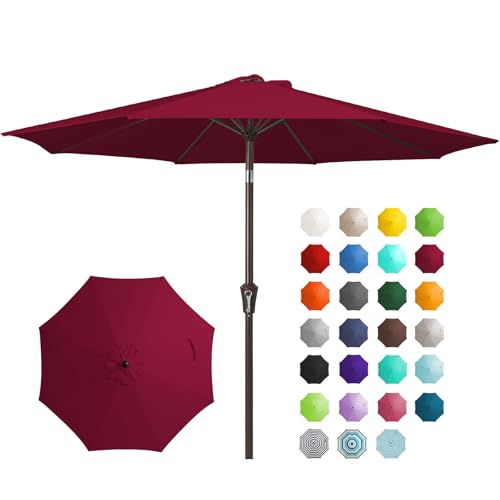 JEAREY 9FT Outdoor Patio Umbrella Outdoor Table Umbrella with Push Button Tilt and Crank, Market Umbrella 8 Sturdy Ribs UV Protection Waterproof for Garden, Deck, Backyard, Pool (Brick Red) - color: Dark Red