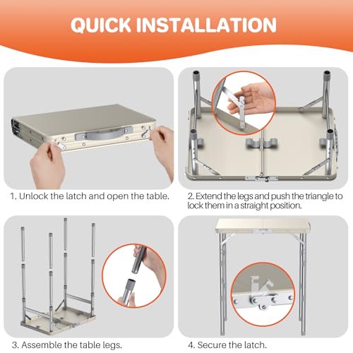 FUNYKICH Camping Table with Waterproof Plastic Tabletop 22.8''x15.7'', 3 Height Adjustable Small Folding Table, Lightweight Portable Picnic Table with Carry Handle for Picnic, Beach, Travel, White - color: White