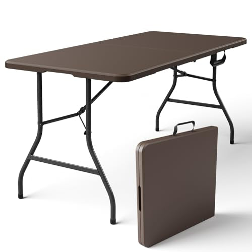 Folding Table 5ft - Heavy Duty Fold-in-Half Plastic Table, Portable Utility Tables with Steel Legs for Indoor, Outdoor, Picnic, Camping, Dining, Party (Brown) - color: Brown, size: 5ft