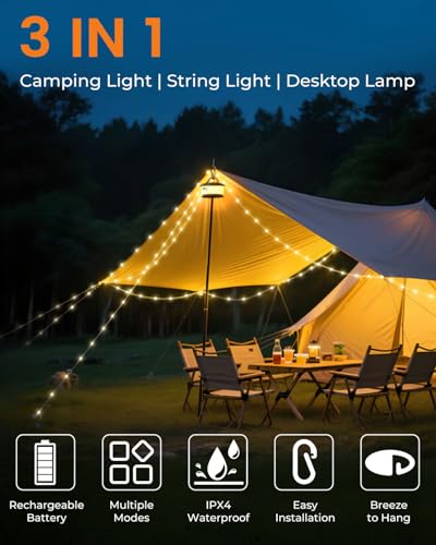 Camping String Lights, Retractable 32.8ft RGB Flash Lamp, Rechargeable Fairy LED Rope Lights Outdoor Waterproof, Portable Hanging Lantern for Outside Tent Patio Awning Garden RV Essentials - color: White