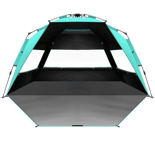 OutdoorMaster Beach Tent with Blackout Shelter Technology, Portable Sun Shade Shelter 4 Person, Pop Up Beach Tents with UPF 50+ UV Protection, 9.5mm Thick Pole, 3 Ventilating Mesh Windows -Green - color: Green