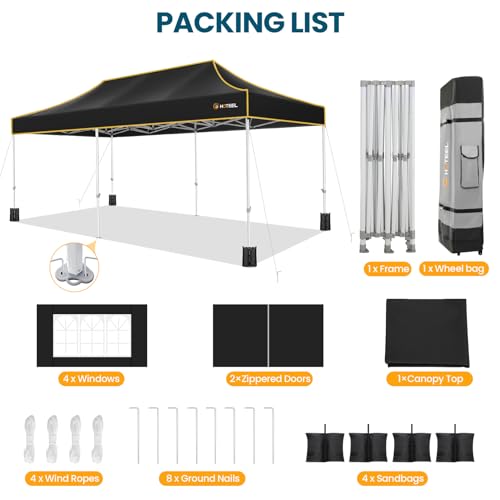 Hoteel 10x20 Pop Up Canopy Tent Heavy Duty with 6 Sidewalls, Waterproof Party Tent, Easy Set-up Commercial Instant Tents with Roller Bag & Sandbags, Hexagonal Leg (1-Year Warranty) - color: Black, size: 10×20 （6 Walls）