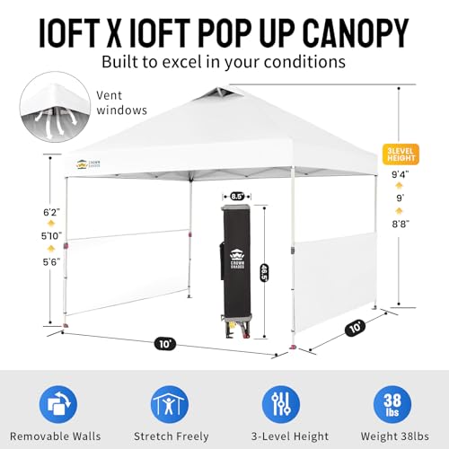 CROWN SHADES 10x10 Pop up Canopy Tent Instant Canopy with 150D Silver Coated Fabric Including 2 Half Sidewalls, 4 Ropes, 8 Stakes, 4 Weight Bags, STO 'N Go Bag, Grid White - color: Grid White
