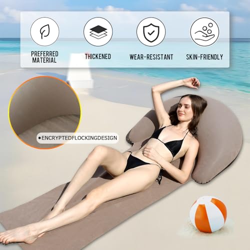 Inflatable Beach Mat Lounge Chair, Outdoor Sunbathing Sleeping Pad with Inflatable Pillow, Portable Flocking Beach Lounge Chair, Suitable for Lawn, Outdoor Camping, Travel, Beach Vacation (Khaki) - color: Khaki