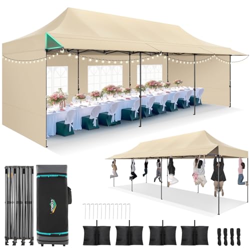 COBIZI 10x30 Pop Up Canopy Tent with Awning & Sidewalls, Heavy Duty Commercial 10X30 Canopy Tents Instant Waterproof, UPF 50+ Sun Shade for Outdoor, Parties, Markets (Khaki) - color: Khaki, size: 10x30FT with 5 Sidewalls & 3 Awning Cloth