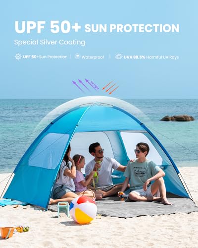OutdoorMaster Beach Tent for 3/4/6/8 Person - Easy Setup Sun Shade Shelter, Portable Beach Shade Sun Canopy with UPF 50+ UV Protection, Removable Skylight Family Size - color: Blue, size: 4 Person