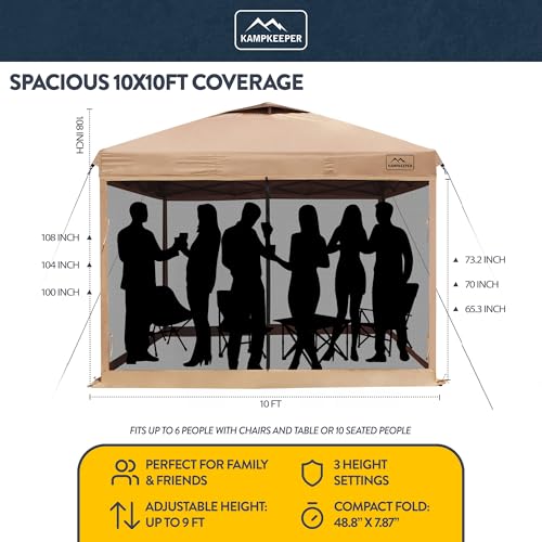 KAMPKEEPER 10x10 Pop-Up Canopy Tent, Waterproof Portable Shade with Screen Walls, Adjustable Instant Outdoor Shelter for Camping, Backyard, and Events, Khaki - color: Khaki