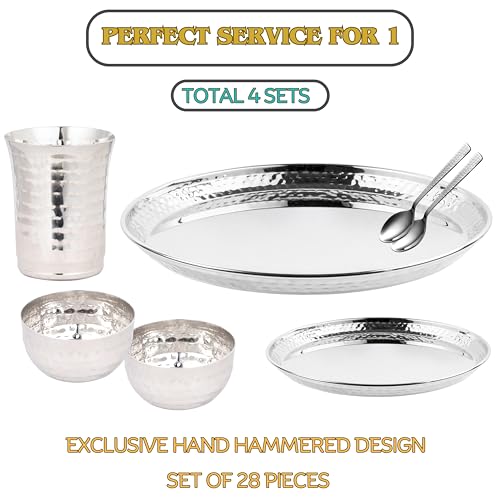 Stainless Steel Dinnerware Hammered 28-Piece Dinner set Dishwasher safe ~ Indian Style (Service for 4) - size: Service for 4