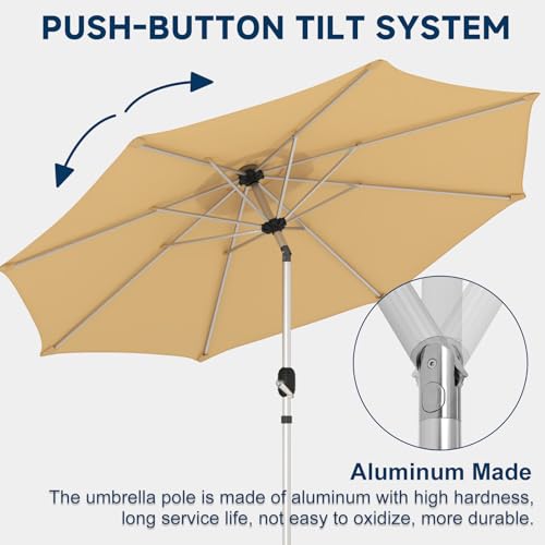 10FT Aluminum Outdoor Patio Umbrella, Fade-Resistant Market Umbrella with Push Button Tilt Function, 8 Sturdy All-Aluminum Ribs for Gardens, Patios, Backyards & Pools - color: Beige, size: 10FT-1Tier (Aluminum Umbrella)