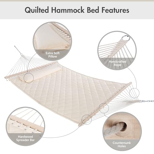 ANOW Heavy Duty Curved Wood Arc Stand with 2 Person Hammock, 13.5FT Larch Wood Stand with 2 Chains, 4 Balance Ropes and 4 Carabiners, Includes Cream Hammock with Spreader Bars - color: Cream-quilted