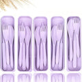 Travel Utensils Set - Reusable 5 Sets Wheat Straw Plastic Cutlery with Case, Portable Forks Spoons and Knives Set, Eco-Friendly BPA Free for Daily Use (5 Purple) - color: 5 Purple