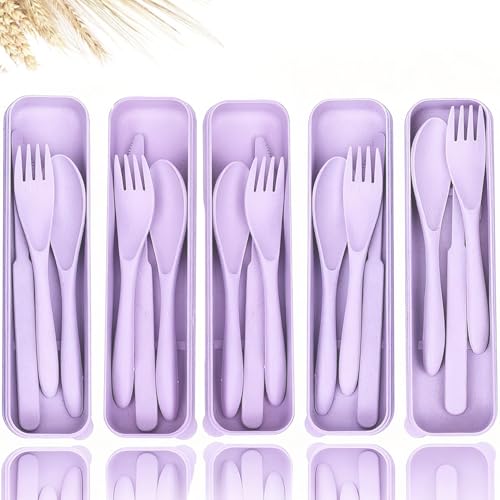 Travel Utensils Set - Reusable 5 Sets Wheat Straw Plastic Cutlery with Case, Portable Forks Spoons and Knives Set, Eco-Friendly BPA Free for Daily Use (5 Purple) - color: 5 Purple