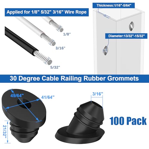 100 Pack 30 Degree Cable Railing Rubber Grommets, Black Angle Beveled Protector Sleeve for 1/8" 5/32" 3/16" Cables for Metal Cable Railing Posts, Cable Railing Protector Sleeve Grommet, MY27 - size: Stair (30°)
