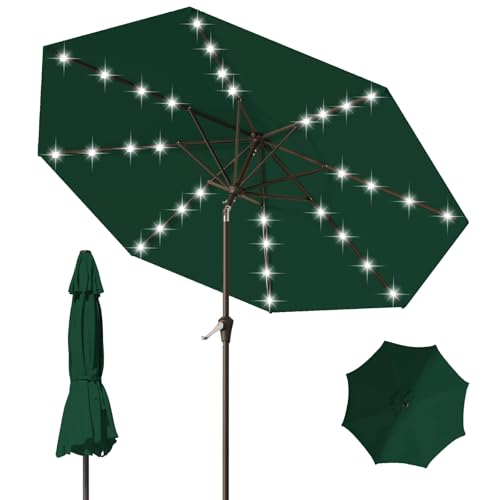 9FT Patio Umbrella with Solar Lights,Outdoor Market Umbrella with Tilt and Crank, LED Lighted Table Umbrella for Garden,Deck,Backyard,Pool,Beach (Dark Green) - color: Dark Green
