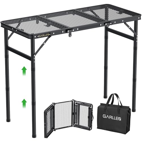 GARLLEN Folding Grill Table Max Capacity 66lbs, 3 Adjustable Height Portable Folding Camping Table with Heat-Resistant Mesh Tabletop, Aluminum Picnic Table for Outdoor, BBQ, Camping, 34.2"L x 15.7"W - color: Black, size: Tabletop Size: 34.2"l X 15.7"w