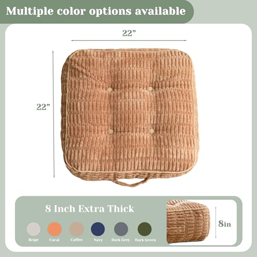 8" Washable Floor Pillow Cushion for Adults, Meditation Cushion Pillow, Removable Tufted Blended Corduroy Cover, Large Square Floor Sitting for Tatami Living Room or Yoga, 22x22 Inch, Machine Washable - color: Square Coffee, size: 8" Thick(Pack of 1)