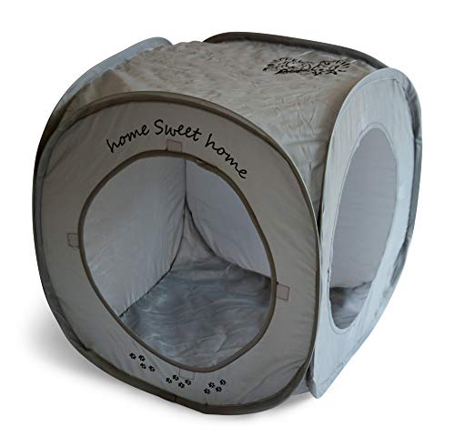 Feline Ruff Home Sweet Home Pop Up Cat Cube. A Collapsible Indoor Cat House. Covered Pet Bed Hideaway Cave for Dogs and Other Pets Too. (Pop Up Cube- Gray)