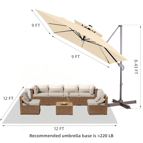 JZAC & QZYD 9x9 FT Outdoor Cantilever Patio Umbrella with Solar LED Lights, Large Heavy Duty 2-Tier Canopy Square Aluminum Offset Umbrellas with 360-Degree Rotation for Pool Deck Backyard, Beige - color: Beige, size: 9'×9'