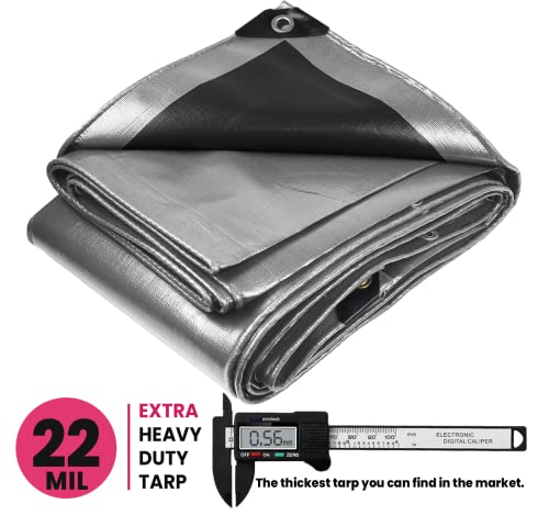Extreme Heavy Duty 22 Mil Tarp Cover, Waterproof, UV Resistant, Rip and Tear Proof, Poly Tarpaulin with Reinforced Edges for Roof, Camping, Patio, Pool, Boat. (Silver/Black 6′ X 8′) - color: Silver/Black-22 Mil, size: 6′ X 8′