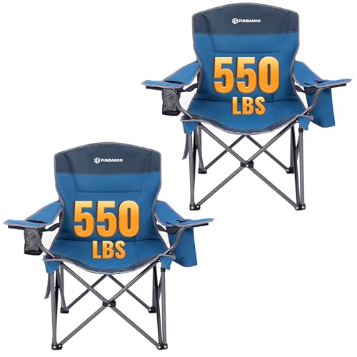 FUNDANGO Oversized Camping Chairs for Adults, Heavy Duty Fold Up Sports Games Lawn Chairs, Extra Wide Big Man Outdoor Chairs with Padded Lumbar Support Backrest, Bag Included for Camp, Beach, 2 Pack - color: Blue/Grey With Lumber Support 2 Pack