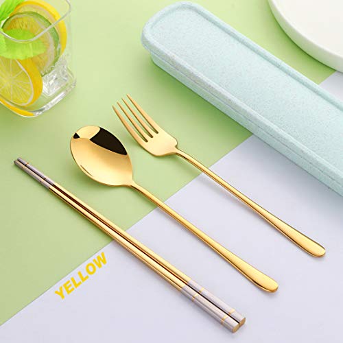 3 PCS Stainless Steel Travel Camping Flatware Set Fork Spoon Chopsticks with Portable Case, Gold - color: Gold
