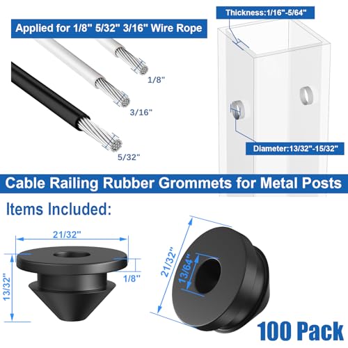 100 Pack Cable Railing Rubber Grommets, Black Protector Sleeve for 1/8" 5/32" 3/16" Cables for Metal Cable Railing Posts, Cable Railing Protector Sleeve Grommet, MY26 - size: Level