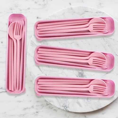 4 Sets Reusable Utensils Set with Case,Camping Cutlery Set Travel Silverware Set with Case Lunch Utensils Set for Work,Utensil Sets for Lunch Picnic Daily Use Outdoor (Pink) - color: Pink