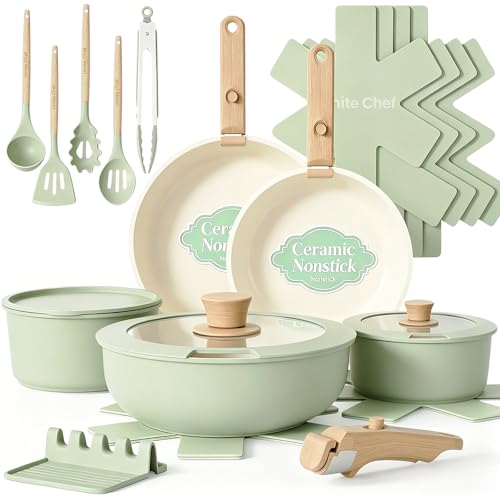 Umite Chef Non Stick Pots and Pans Set, 21 Pcs Ceramic Kitchen Cookware Set with Detachable Handle, Nonstick Healthy Induction Cookware, Dishwasher RV Cookware Set, Oven Safe, Stackable, Sage Green - color: Saga Green