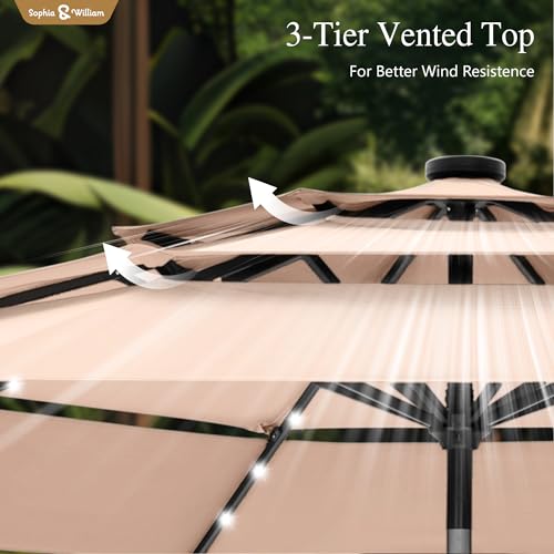 Sophia & William 10ft Patio Umbrellas 3-Tier Umbrella Outdoor Patio Umbrellas with Lights Vented Top 24 LED lights Adjustable Tilt for Pool Garden Backyard, Beige - color: Beige