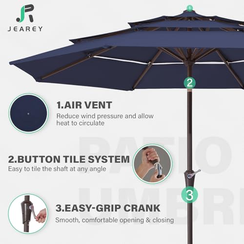 JEAREY 9FT 3 Tier Patio Umbrella Outdoor Market Umbrella Table Umbrellas with 8 Ribs 1.5 Pole Push Button Tilt and Crank UV Protection for Garden,Navy - color: Navy