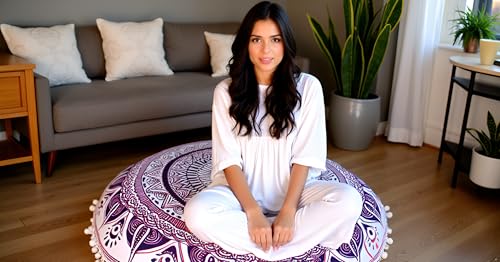 CRAFT KALA Pink Trishul Mandala Boho Floor Cushion Cover, 22"D x 22"W x 2"H, Cotton Fill, Round, Boho Chic, Indoor Use - color: Pink Trishul, size: 22"