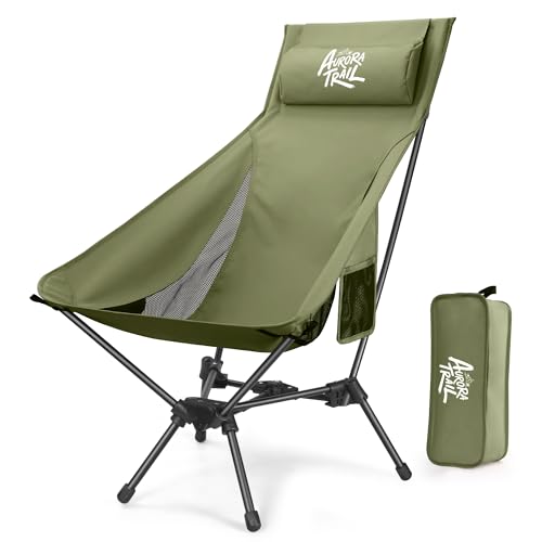 AuroraTrail High Back Folding Camping Chair with Pillow – Lightweight Portable Outdoor Chair with Cup Holder & Carry Bag, Sturdy Aluminum Frame Supports up to 374 lb for Camping, Hiking & Festivals - color: Green