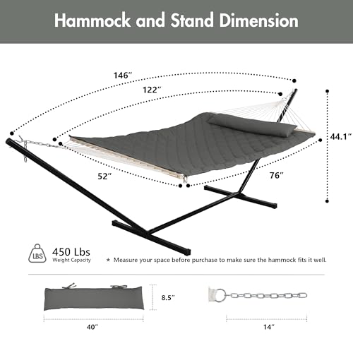 ANOW Outdoor Hammock with Stand 12FT, Heavy Duty Hammock with Steel Stand, Included Detachable Pillow and Pad, 450 LBS Weight Capacity, Gray - color: Grey, size: With Stand